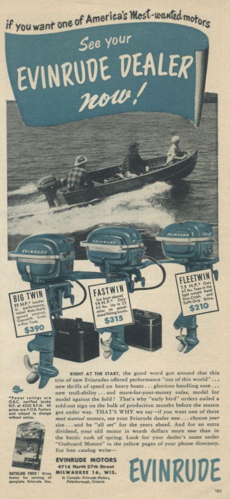 Anúncio de 1951, destacando as características e os preços dos motores de popa evinrude Big Twin, FastWin e FleetWin. Imagem: Reprodução / Internet.